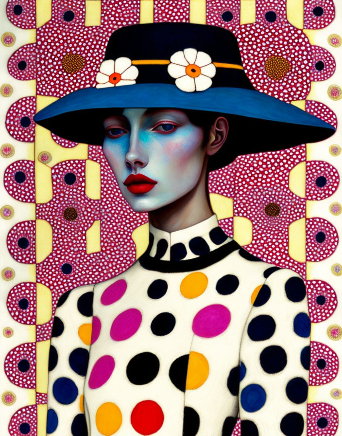 Stylized portrait of a person with pale blue skin in polka dot outfit