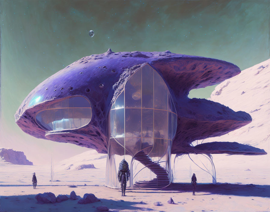 Futuristic mushroom-shaped building in desert with astronauts