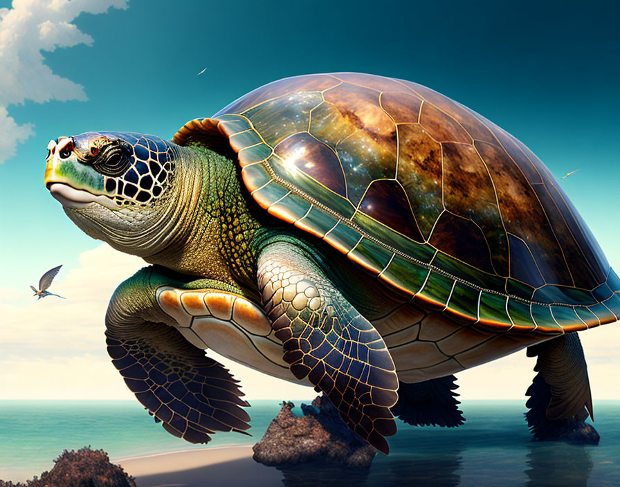 Colorful Sea Turtle Resting on Rock with Ocean and Sky Background