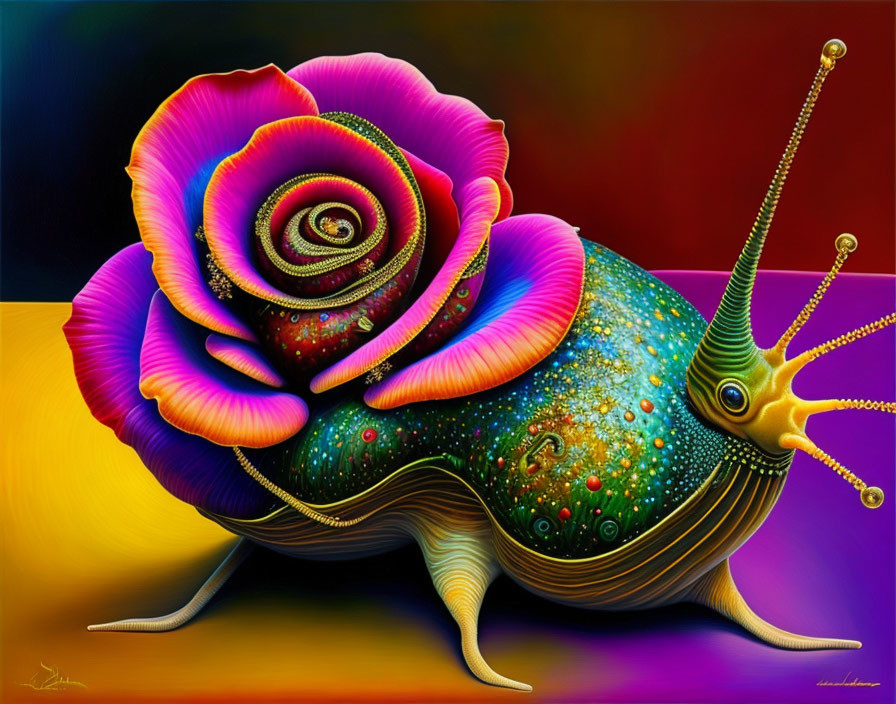 Colorful surreal artwork: Snail with rose-like shell and galaxy patterns