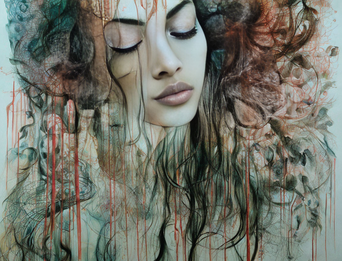 Serene woman's face with abstract color wisps and linear elements