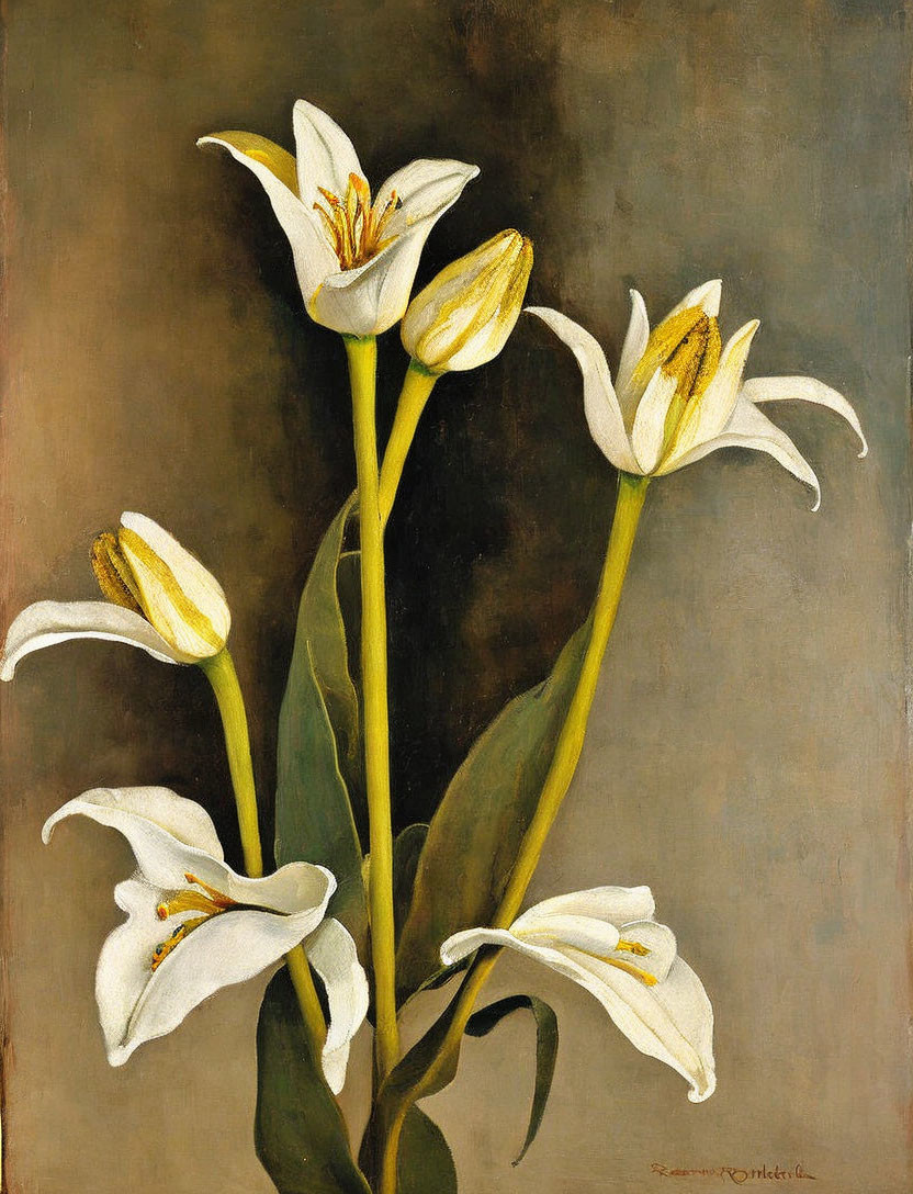 White lilies with prominent stamens on muted background.