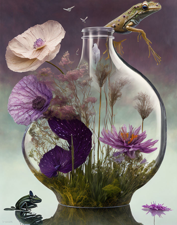 Digital artwork: Transparent jar, frog, and flowers on misty purple backdrop