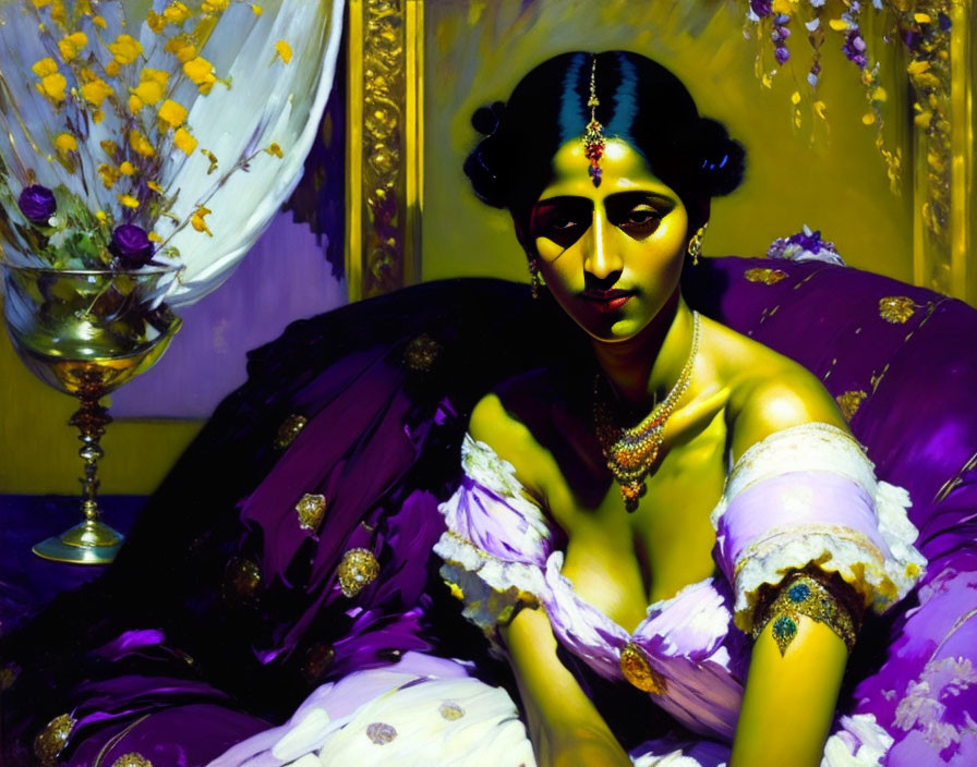 Vibrant painting of woman in Indian jewelry with goblet and flowers