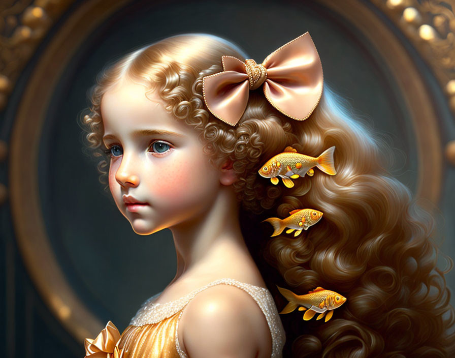 Young girl digital artwork with curly hair, ribbon, and golden fish illusions.