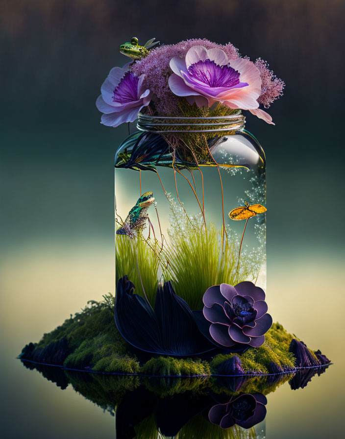 Glass jar with flowers and insects on moss, reflected in dark water