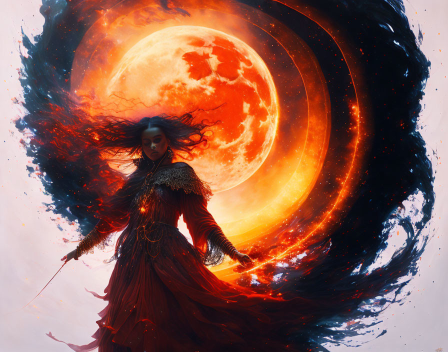 Mystical female figure in red dress with cosmic energy before giant red planet