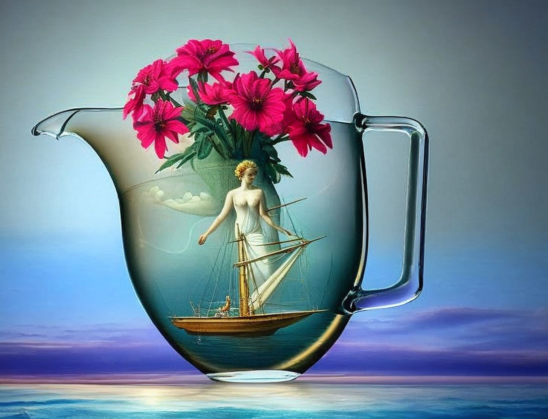 Clear pitcher with ship, statue, flowers in serene scene