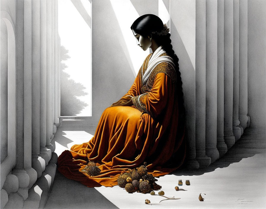 Woman in Orange Saree Sitting by Classical Window with Lychees