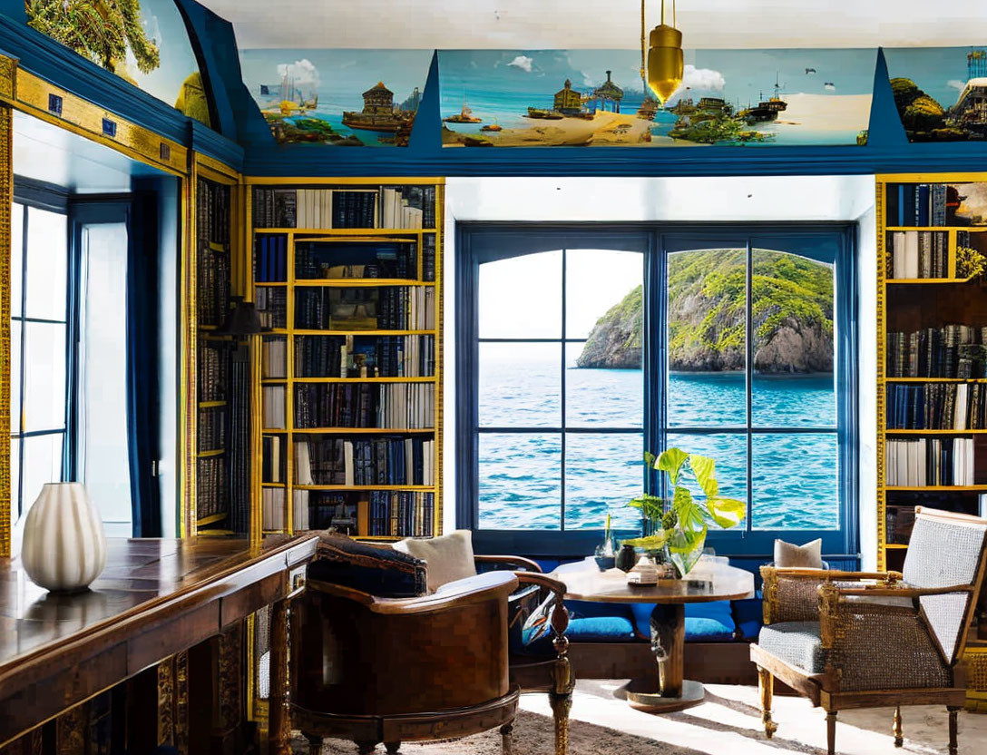 Elegant Room with Bookshelves, Large Windows, and Ocean View