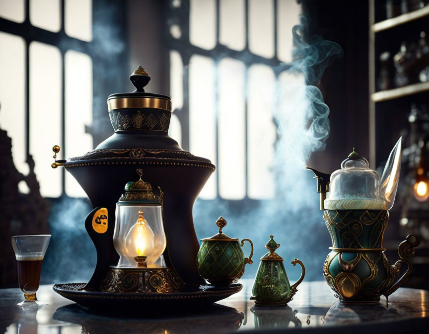 Elegant tea set with steam, lantern, and large windows