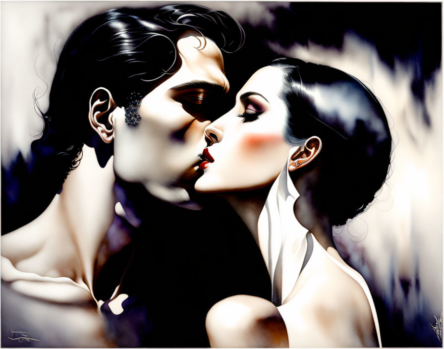 Illustration of couple kissing with stylized features against blurred background