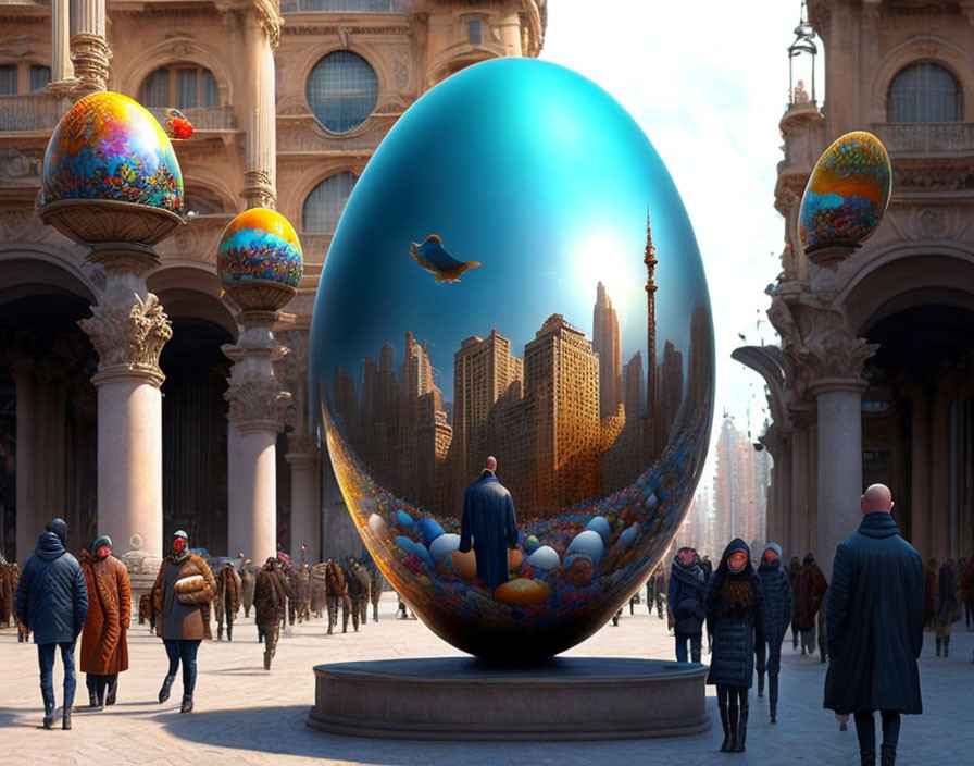 Reflective Easter Egg Art Featuring Cityscape and Floating Islands in European Street