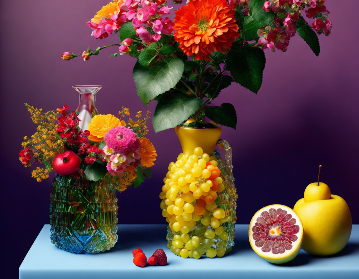 Colorful Bouquets in Unique Vases with Fresh Fruit on Blue Surface