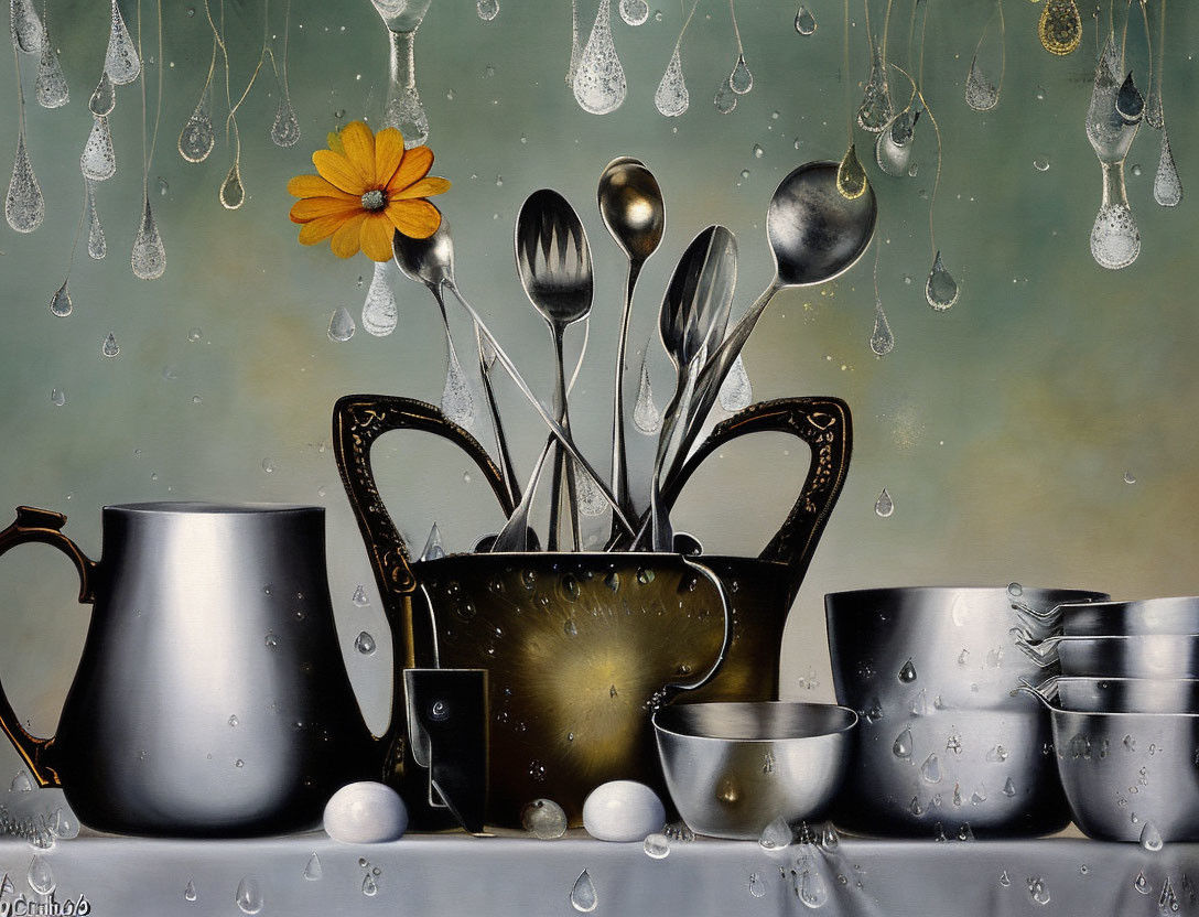 Hyperrealistic Still-Life Painting with Kitchen Utensils, Flower, and Droplets