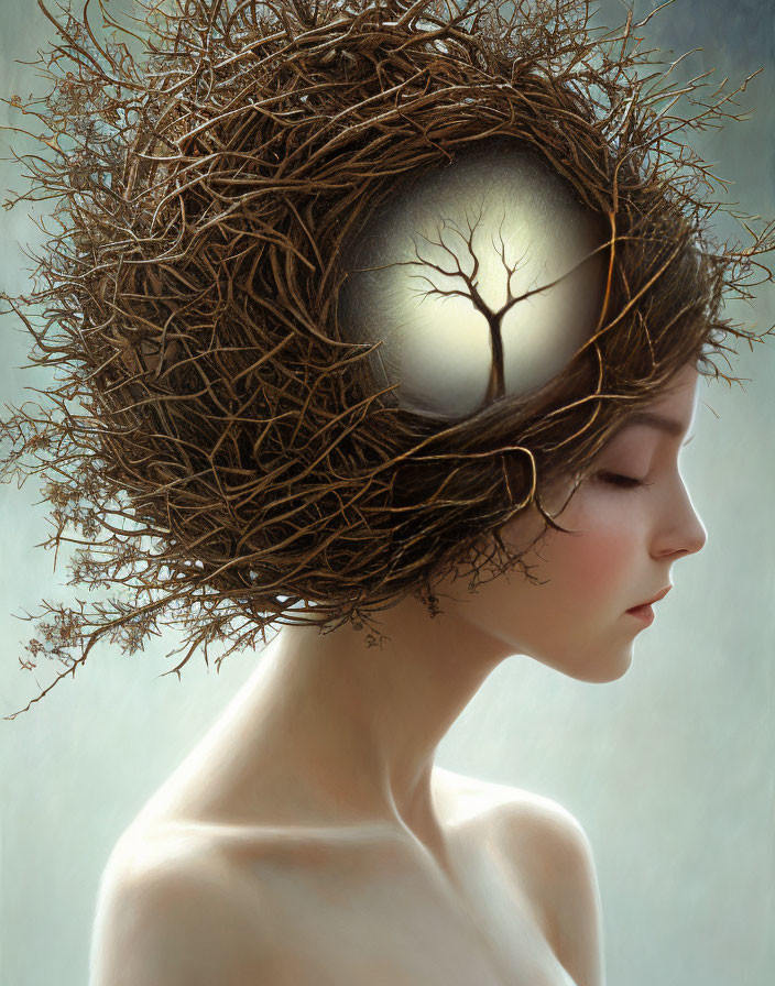 Serene individual with tree and nest-like structure, blending nature and humanity symbolically.