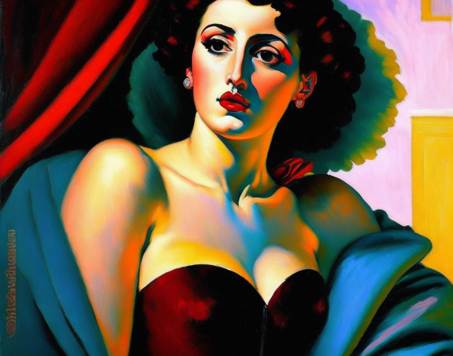 Vibrant portrait of woman with curly hair and red lipstick