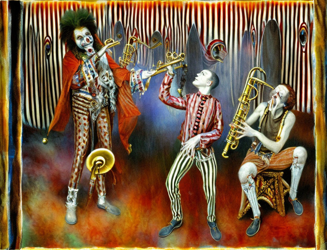 Colorful Clown and Skeletons Playing Brass Instruments in Circus Setting