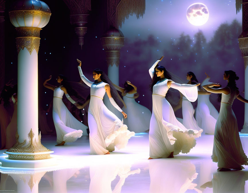 Multiple women dancing in white dresses under a full moon with ornate pillars.