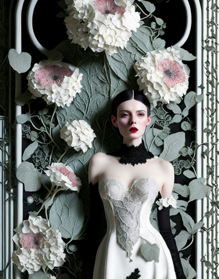 Woman in white corset dress with black details against floral wallpaper.