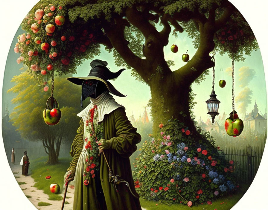 Plague Doctor and Lanterns Under Apple Tree in Serene Landscape