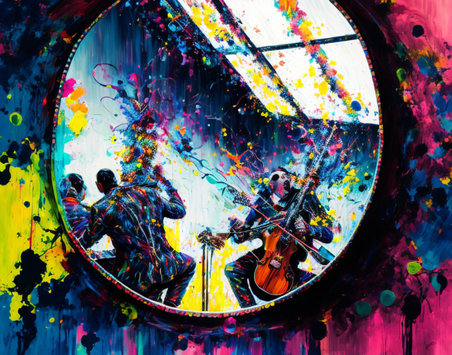 Colorful Abstract Painting of Musicians with Violin and Double Bass