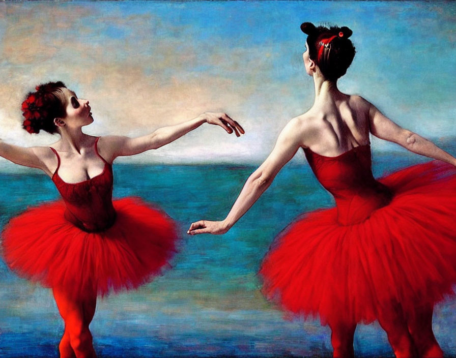 Two ballerinas in red tutus on blue backdrop.