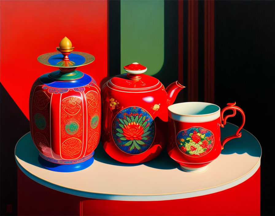 Colorful Still Life Painting with Tea Caddy, Teapot, and Cup