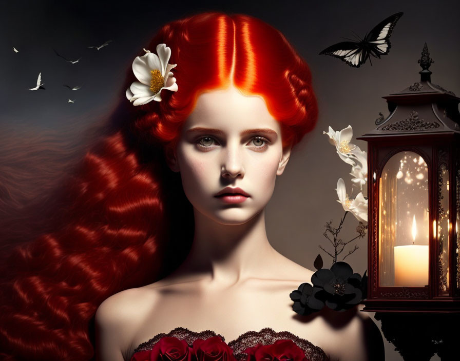 Red-haired woman in red dress with roses and black flower accessory by lantern, surrounded by butterflies and birds