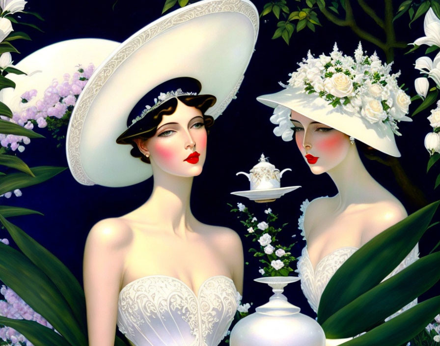 Stylized female figures in white outfits with wide-brimmed hats and floral decorations surrounded by lush