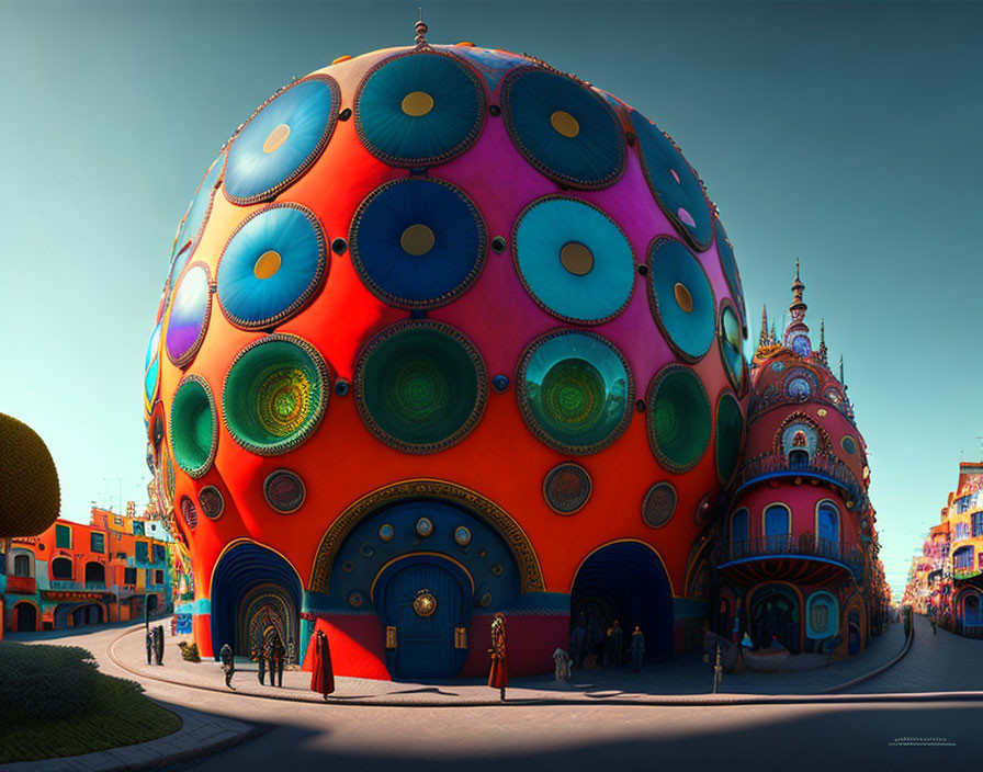 Colorful spherical building with patterned circles and whimsical structures under a clear blue sky