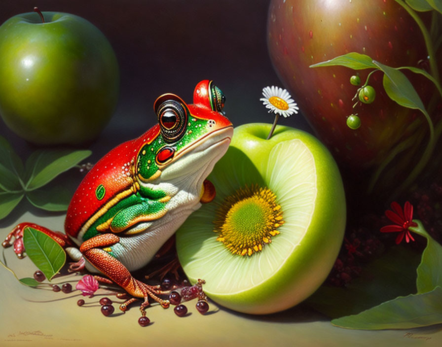 Vibrant illustration of red and green frog with kiwi, apples, flowers, and ladybug