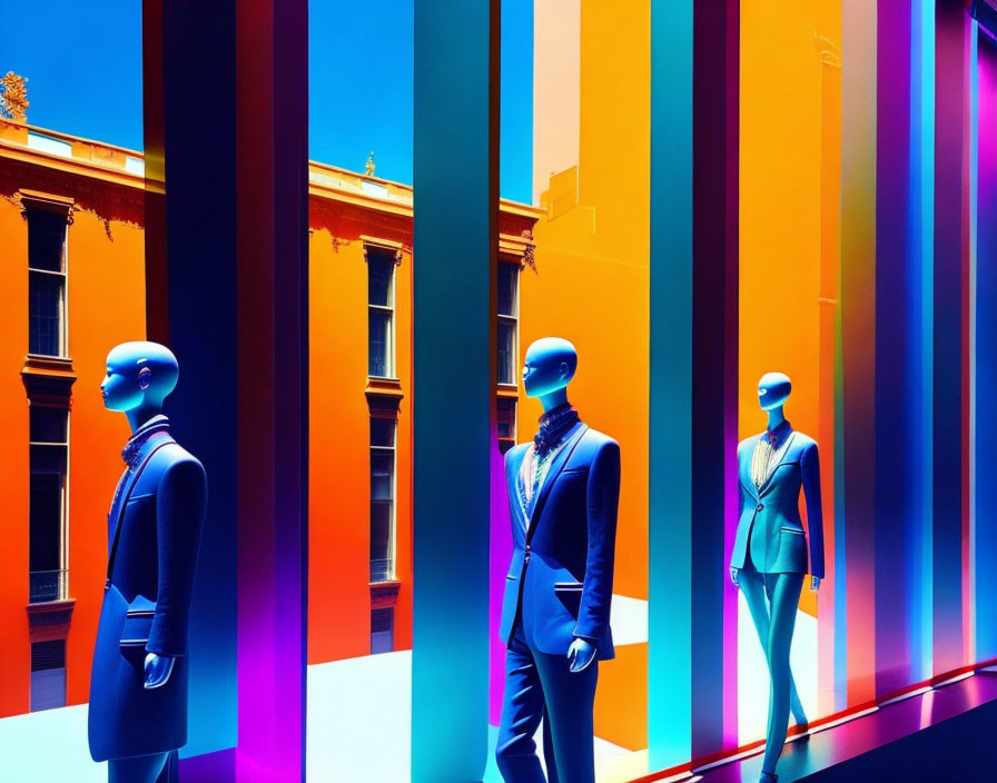 Mannequins in Suits Against Colorful Striped Background