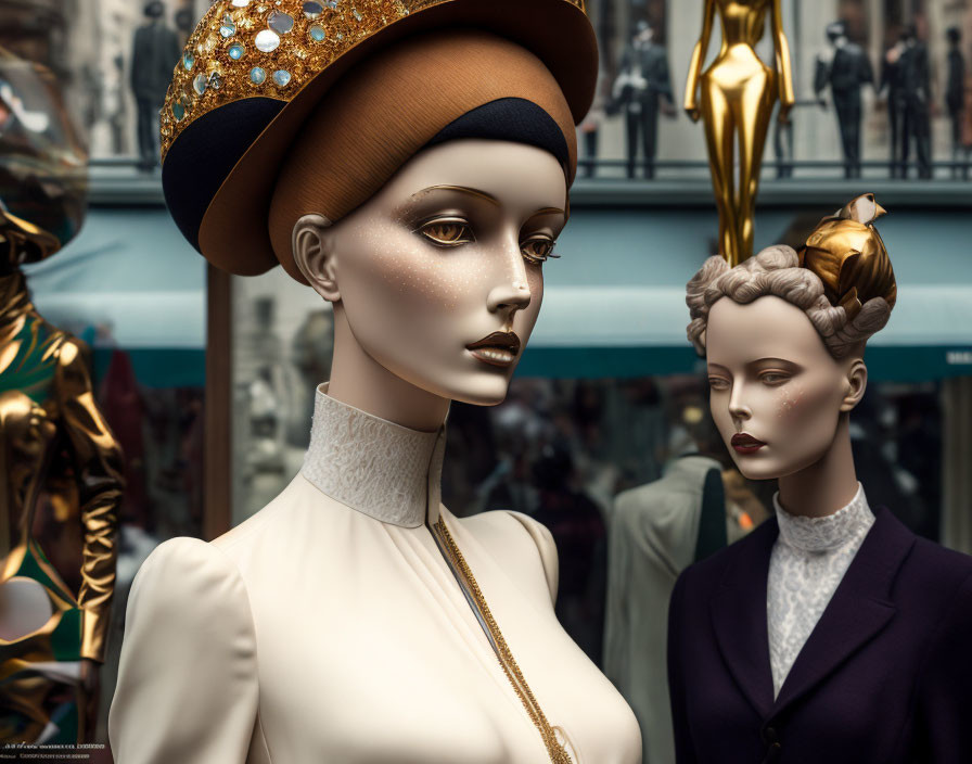 Sophisticated mannequins in stylish hats and makeup with golden accessory theme