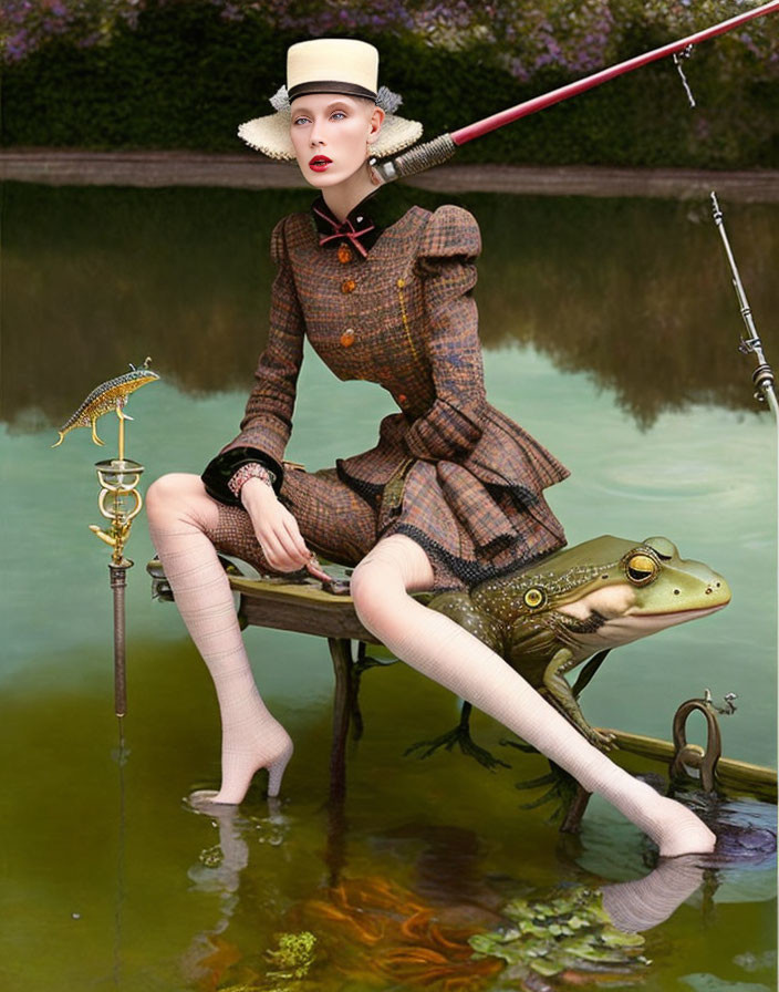 Vintage woman on giant frog with fishing pole in surreal pond.