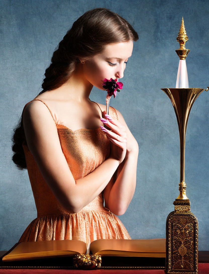 Woman in peach dress with flower, lamp, and book on blue background