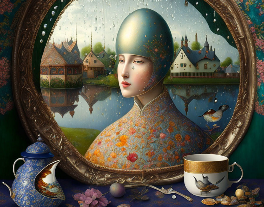 Surreal portrait of a woman with helmet, teapot, cup, village, and flowers reflection