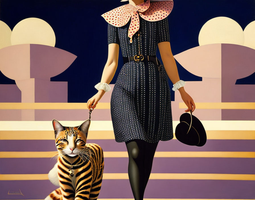 Illustration of woman in polka dot dress with bow, walking cat on leash against abstract backdrop