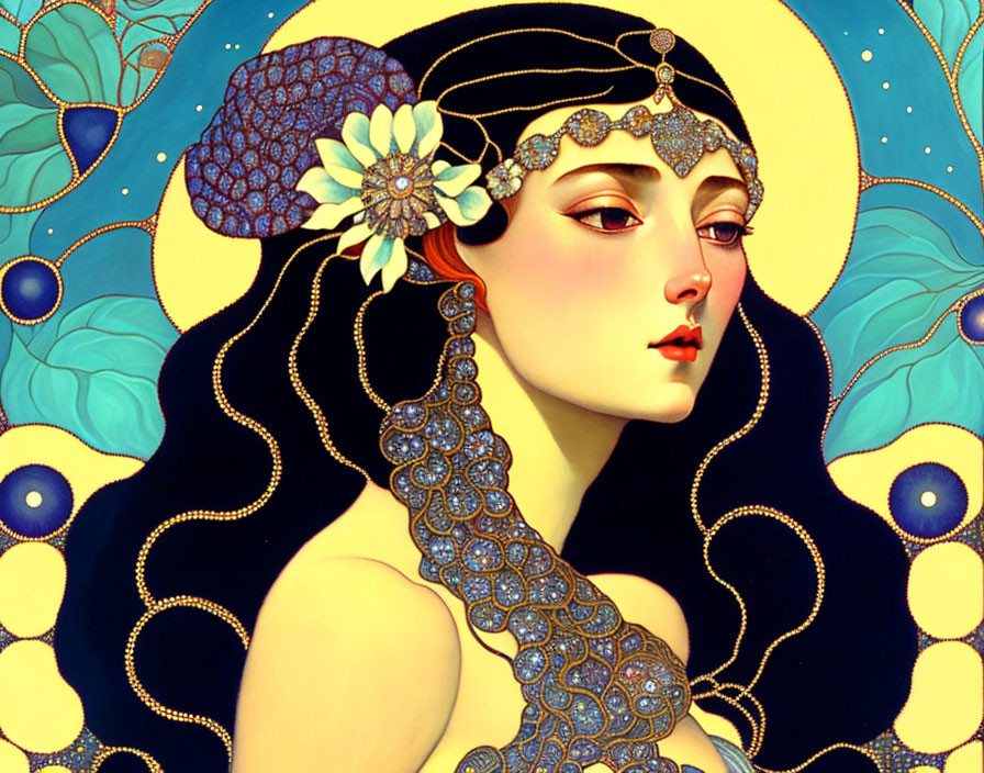 Art Nouveau style woman with floral headdress on blue background