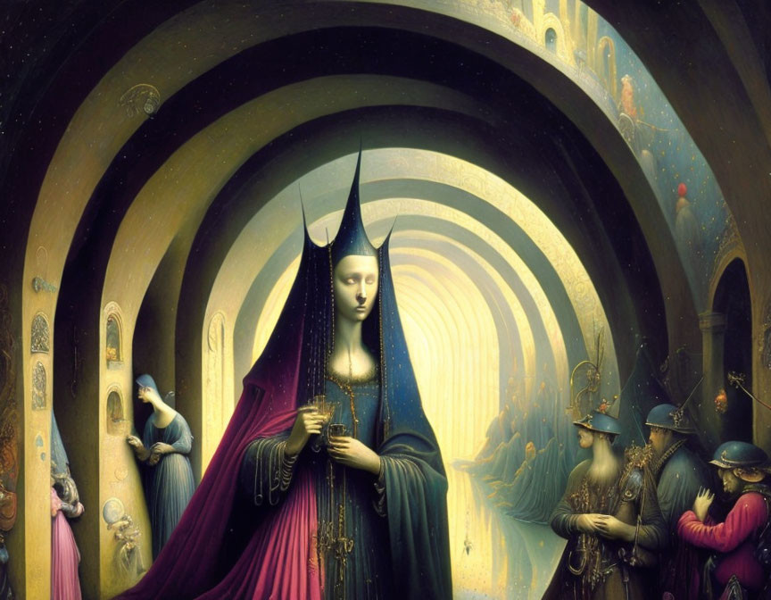 Surreal painting of crowned figure in flowing robe with smaller characters and vanishing point perspective