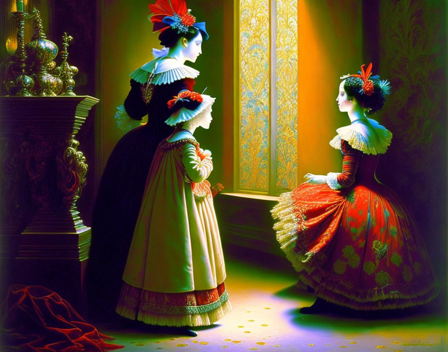 Two women in colorful 19th-century dresses in ornate room with sunlit window