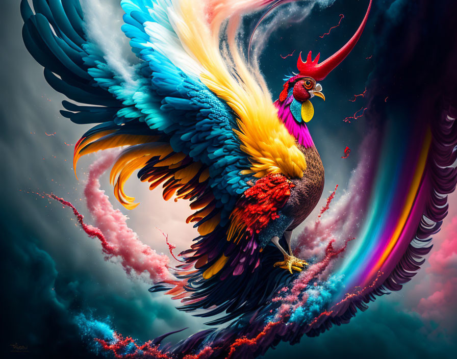 Colorful Rooster Illustration with Rainbow Feathers and Dynamic Clouds