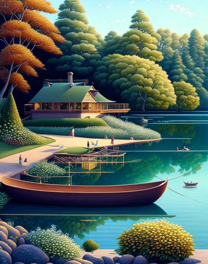 Tranquil lakeside view with boat, pier, people, and house among lush trees