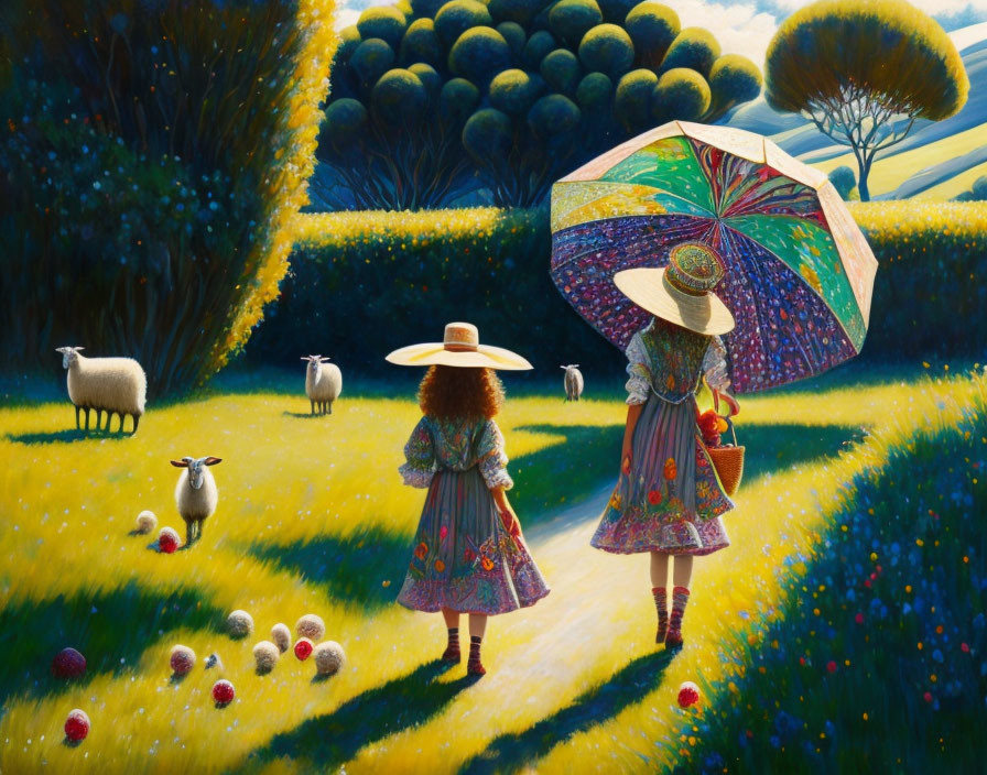 Vintage dresses: Two women, parasols, sheep, apples in pastoral landscape