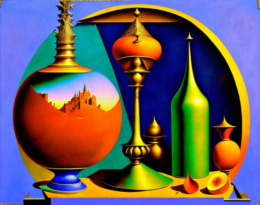 Surreal painting of vibrant vessels against blue backdrop