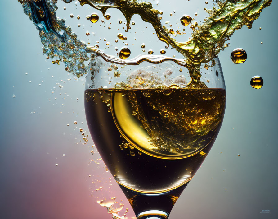 Close-Up of Wine Glass with Golden Liquid Splash and Bubbles on Blurred Background