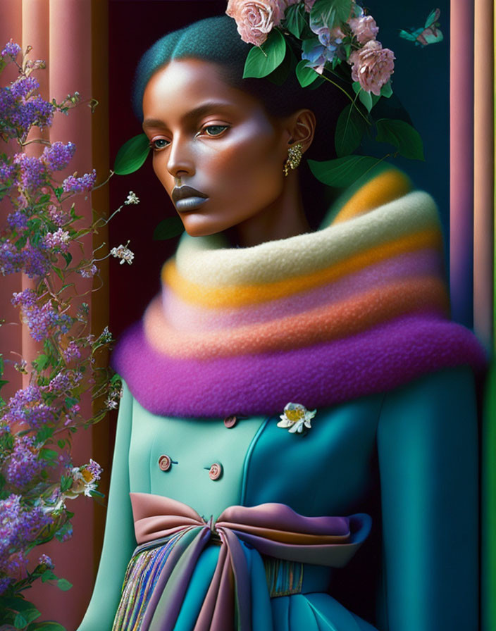 Illustrated woman with blue skin in high-collar coat and flowers on brown backdrop