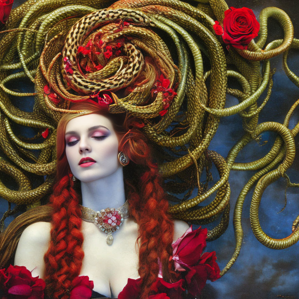 Red-haired woman with braids in ornate setting with red roses on blue cloudy background