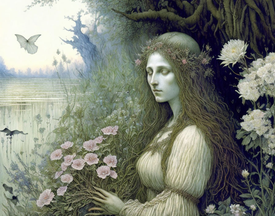 Green-skinned woman with flower-adorned hair in serene nature scene