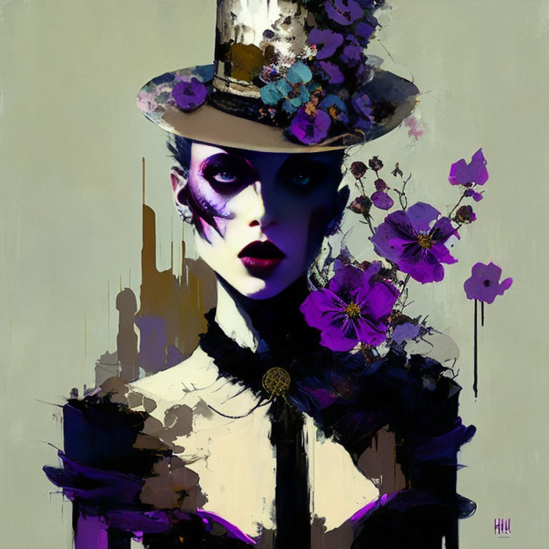 Portrait of a woman with dramatic makeup and stylish hat in floral setting